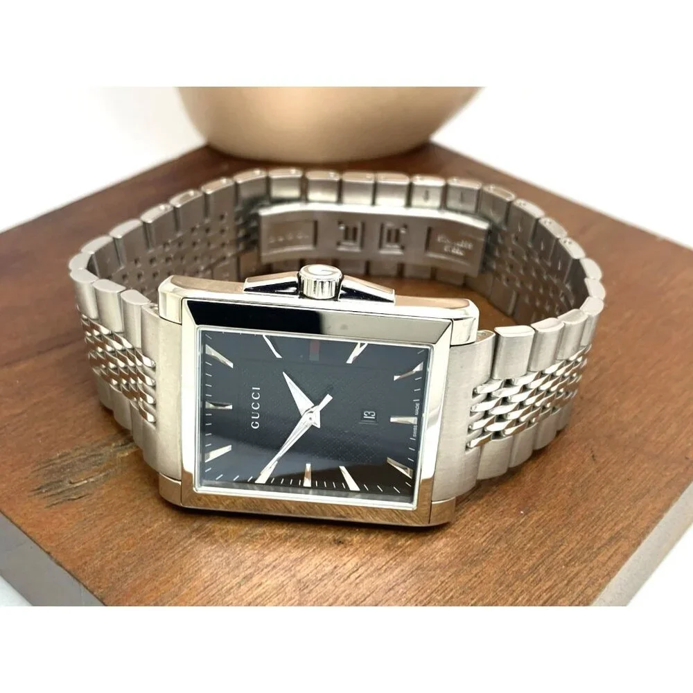 Gucci Men's Watch YA138401 G-Timeless Swiss Quartz Black Dial Silver Steel Tank